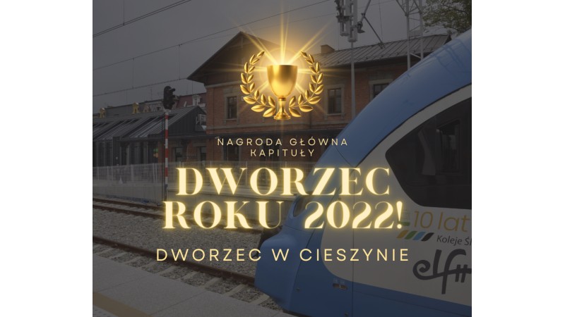 Grafika przedstawiająca pociąg Kolei Śląskich, w tle widoczny budynek Dworca Cieszyn. Na grafikę naniesiono napisy 